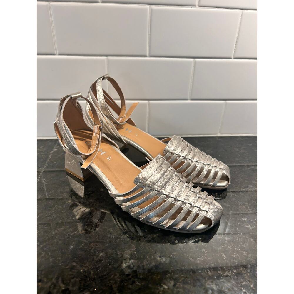 Josh Metallic Silver Woven‎ Leather Slingback Heeled Sandals Party Y2K Size 37